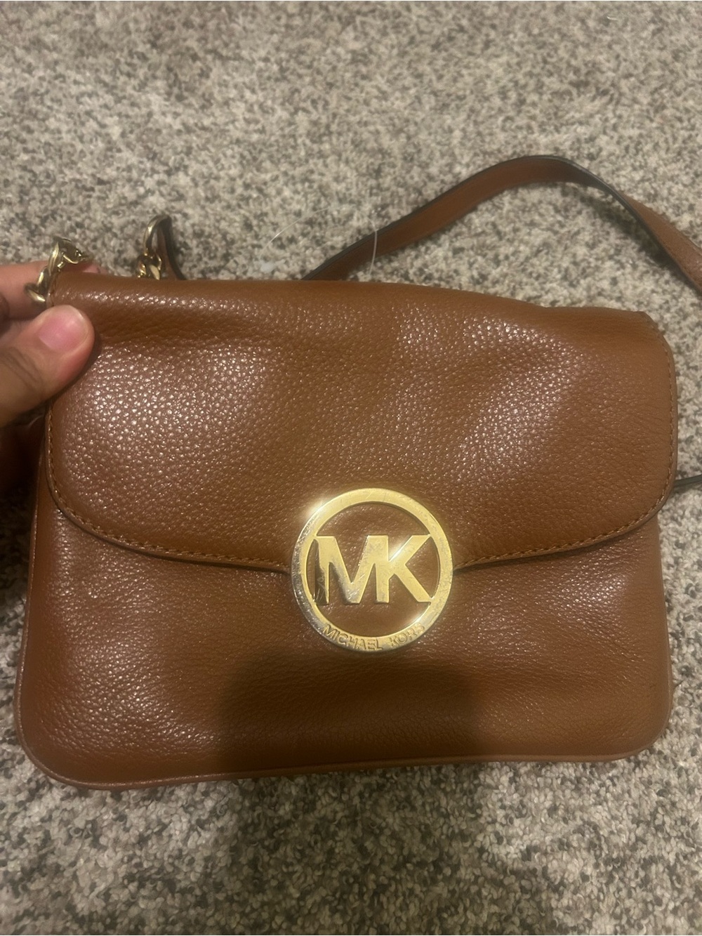 Michael Kors Fulton Small Crossbody Bag Brown Pebbled Leather Gold Chain Flap